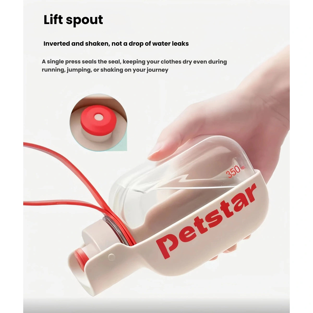 Close-up of the lift spout on the open Petstar mini water bottle