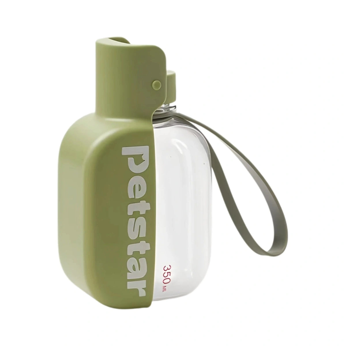 Green Petstar mini dog water bottle with matching wrist strap