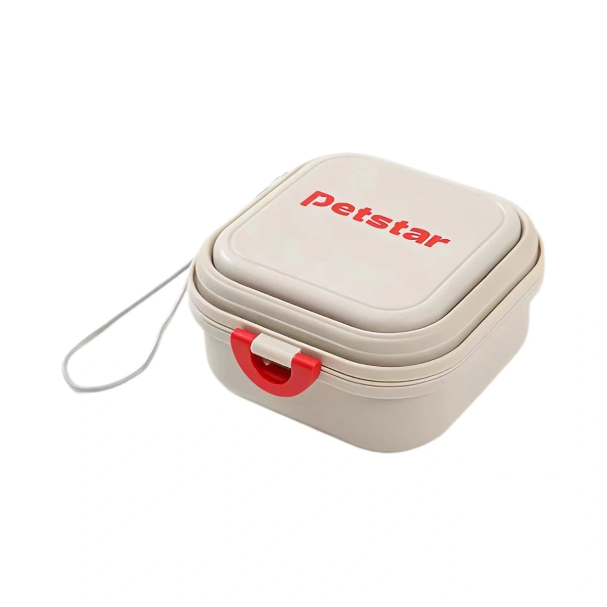 Closed beige Petstar dual travel bowl with clasp and carry loop