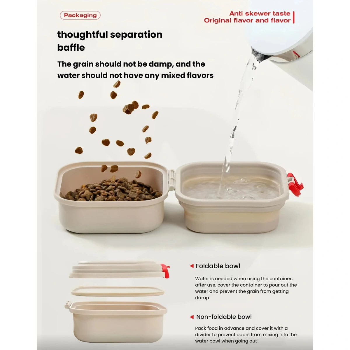 Petstar bowl showing separate food and water compartments and a folding section