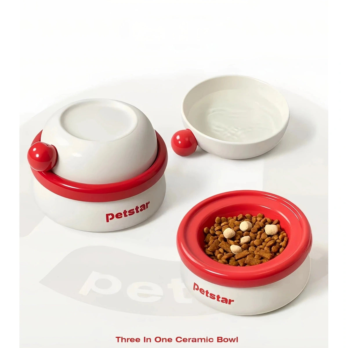 Petstar ceramic bowl set separated with kibble and water in the bowls