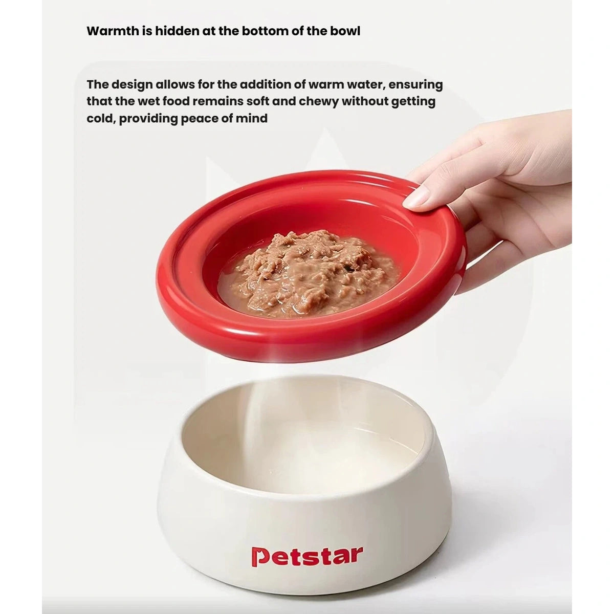 Removable red Petstar food bowl held above the white base