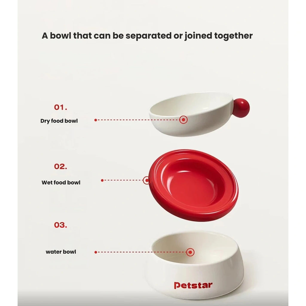Petstar three-piece bowl diagram for dry food, wet food and water