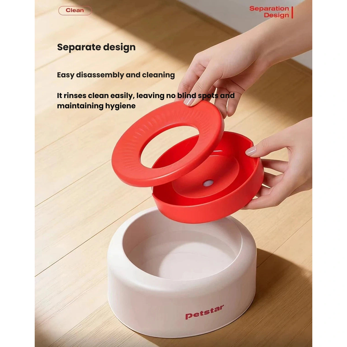 Petstar water bowl disassembled into bowl, ring and floating disc