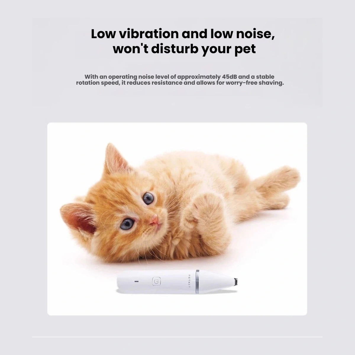 PETKIT trimmer beside a kitten in a low-noise feature illustration