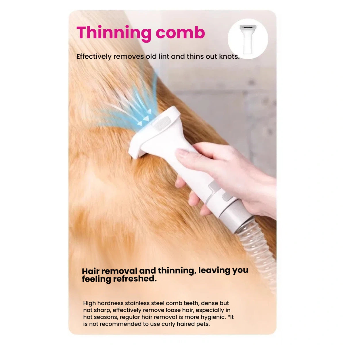 AirClipper deshedding comb brushing a dog’s coat