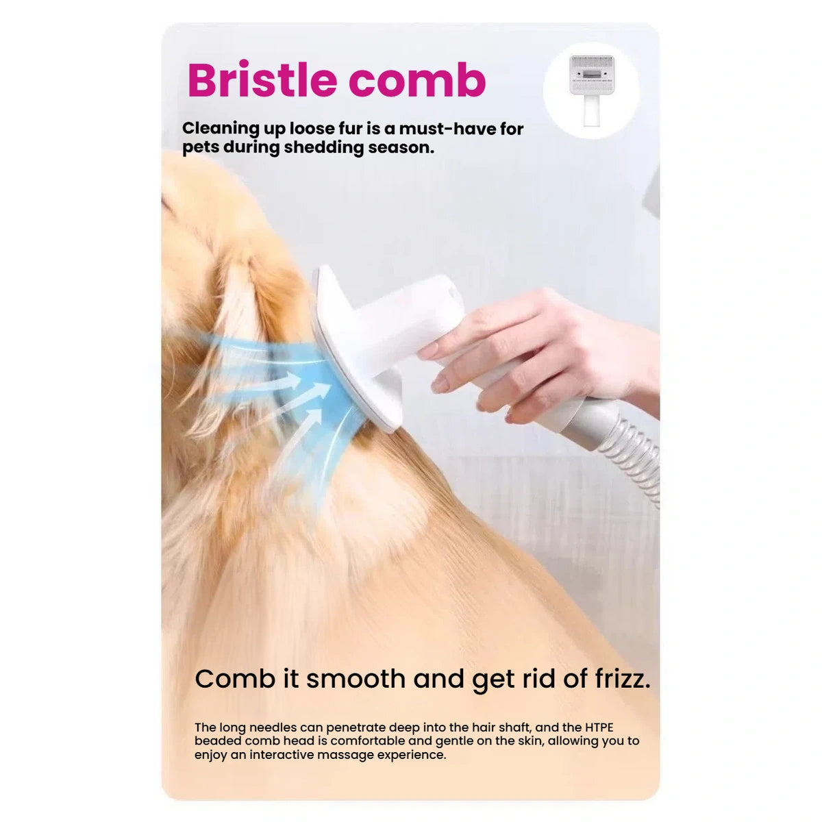 AirClipper grooming brush smoothing a dog’s coat