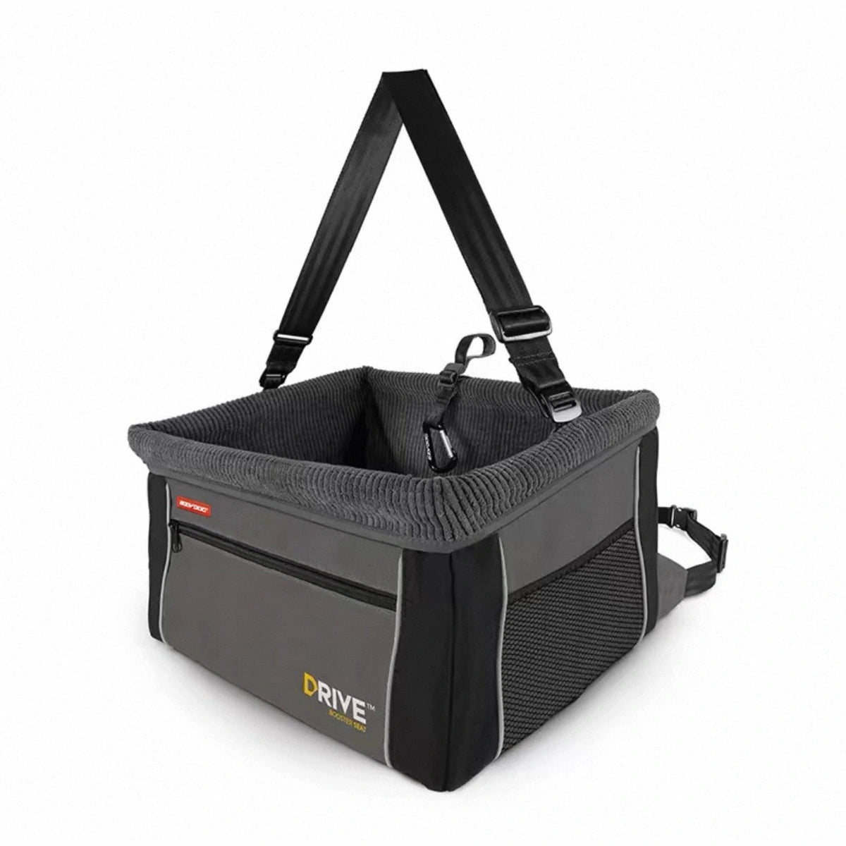 Black EzyDog Drive booster car seat with straps and front storage pocket