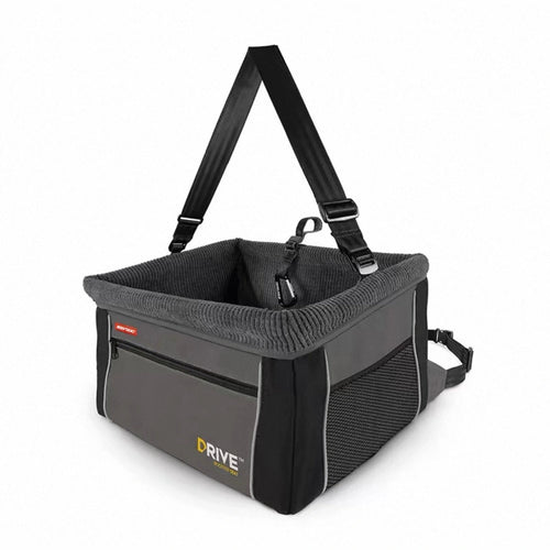 Black EzyDog Drive booster car seat with straps and front storage pocket