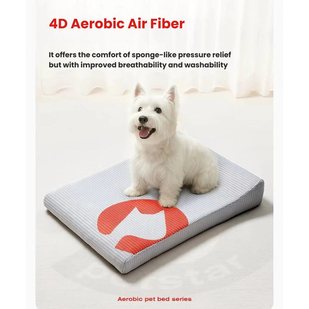 White dog sitting on the breathable Petstar fibre bed