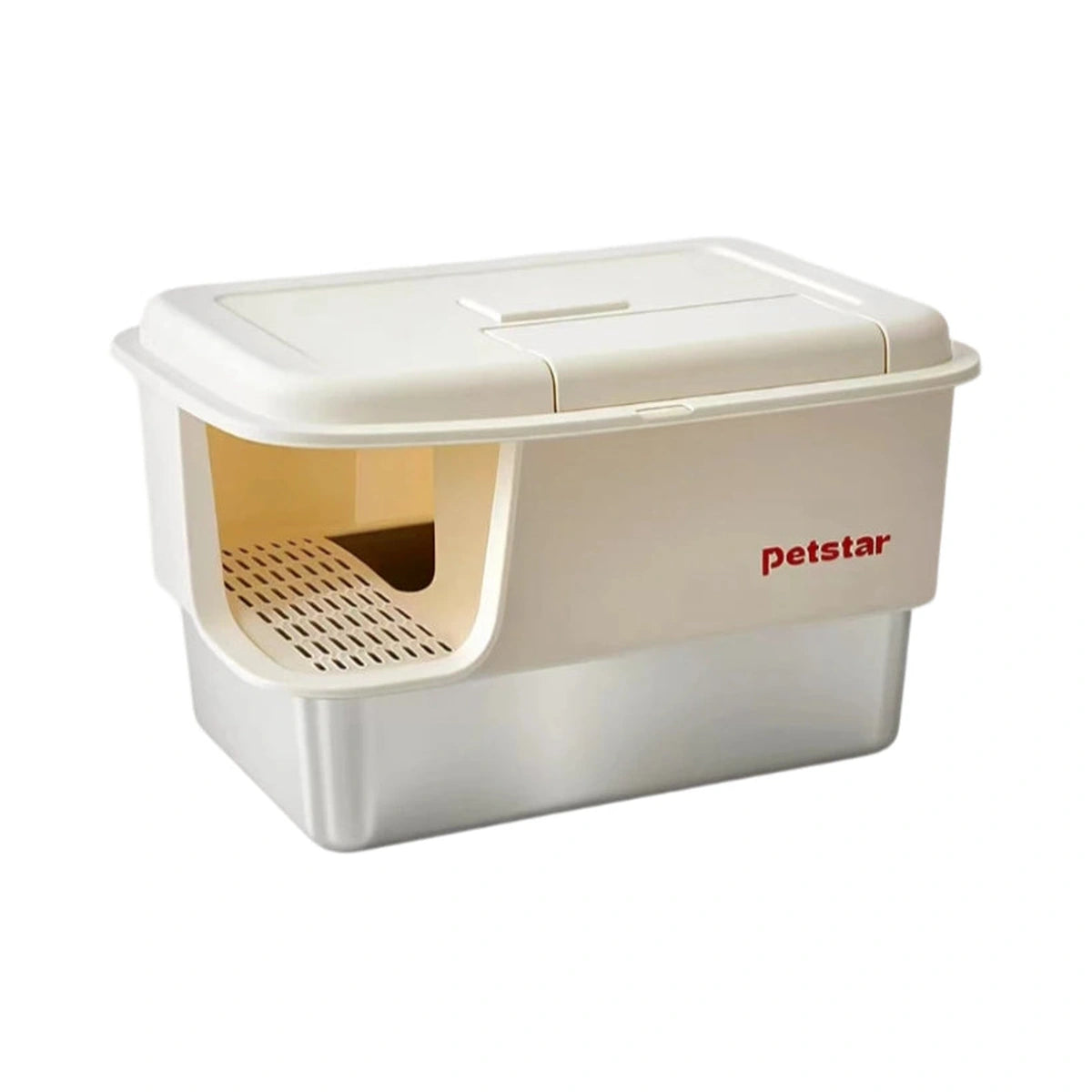 Petstar semi-enclosed litter box with white upper section and stainless steel tray