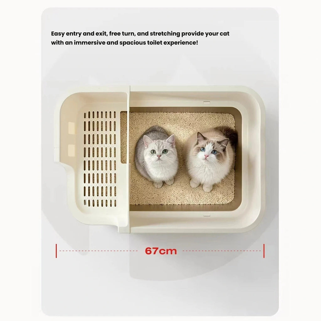 Top view of two cats in the Petstar litter tray with the lid removed