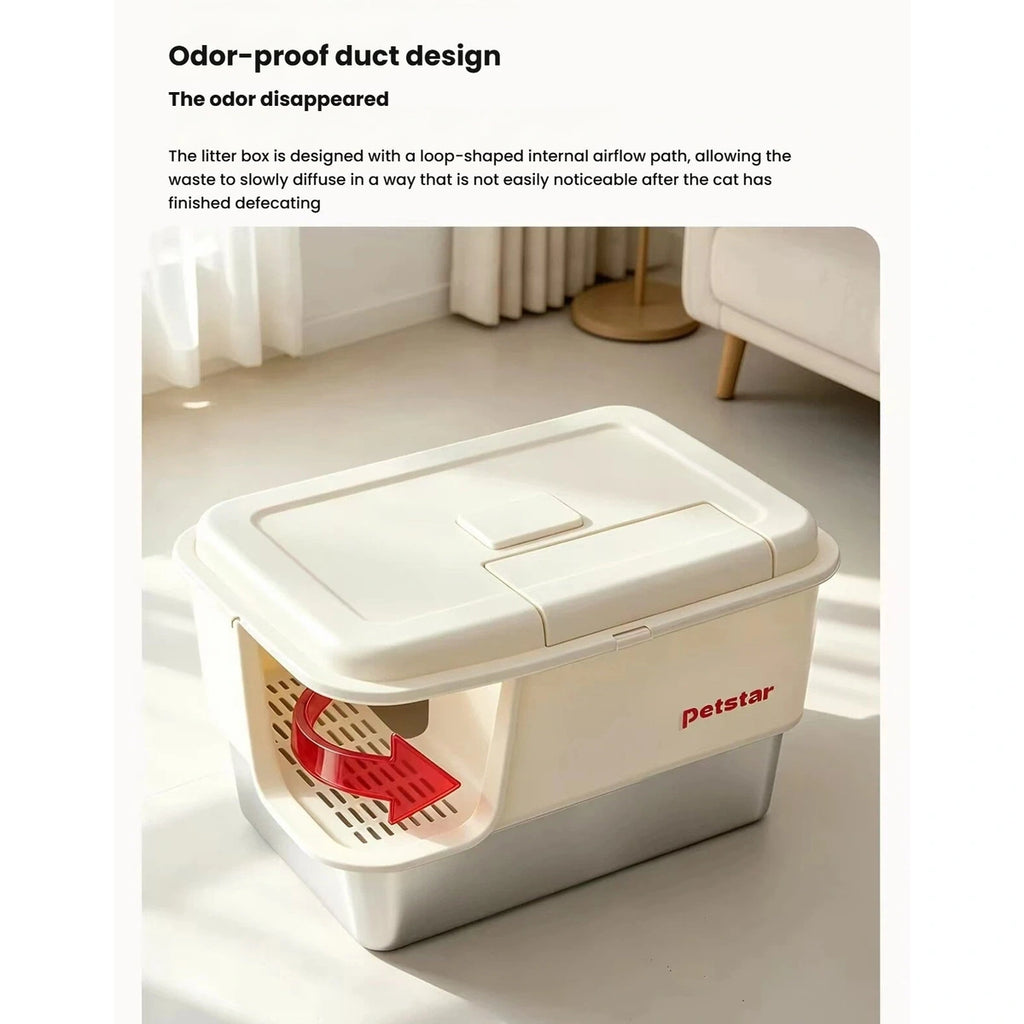 Petstar covered litter box with an internal airflow illustration