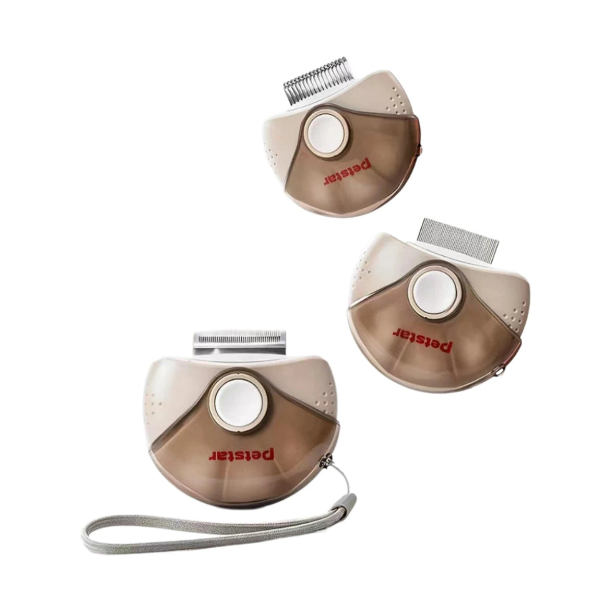 Petstar three-in-one grooming comb shown with three different comb heads