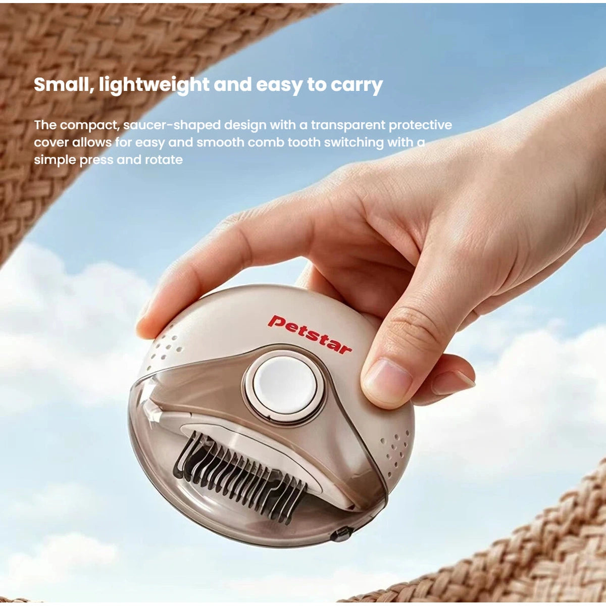 Hand holding the compact Petstar grooming comb with protective cover