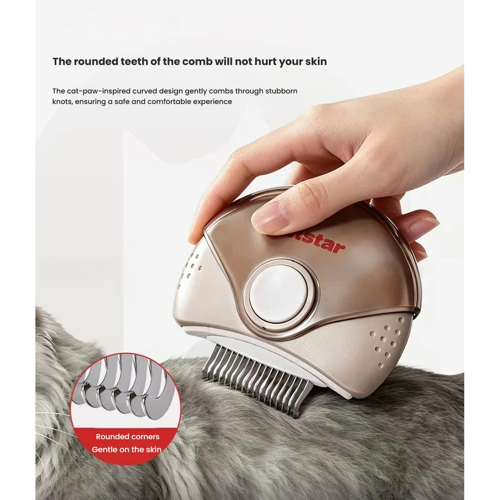 Rounded detangling teeth on the Petstar grooming comb against a cat’s coat