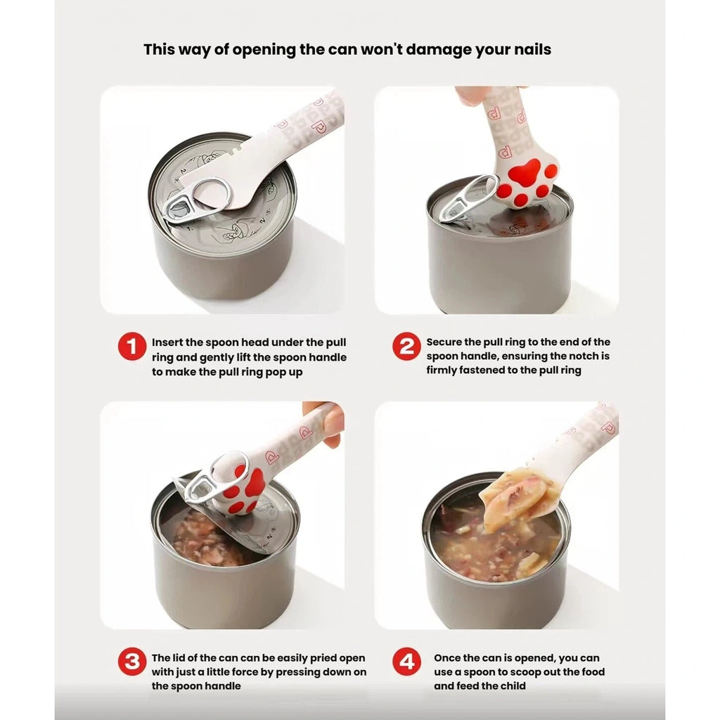Four-step demonstration of opening a pull-tab can with the Petstar scoop