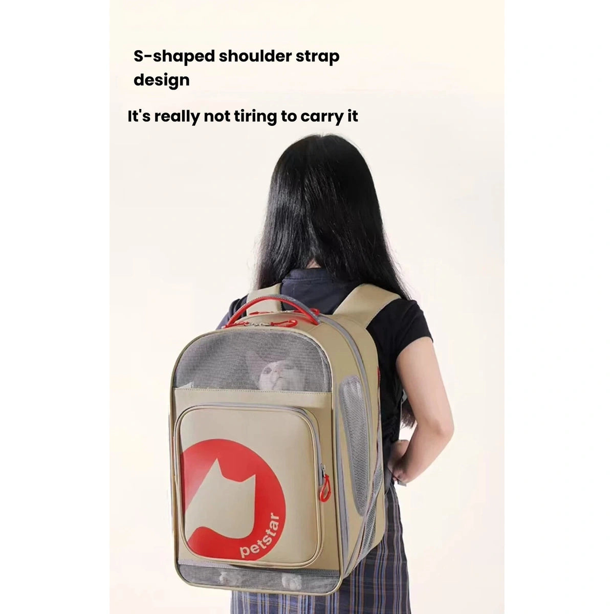 Person wearing the Petstar carrier backpack with a cat inside