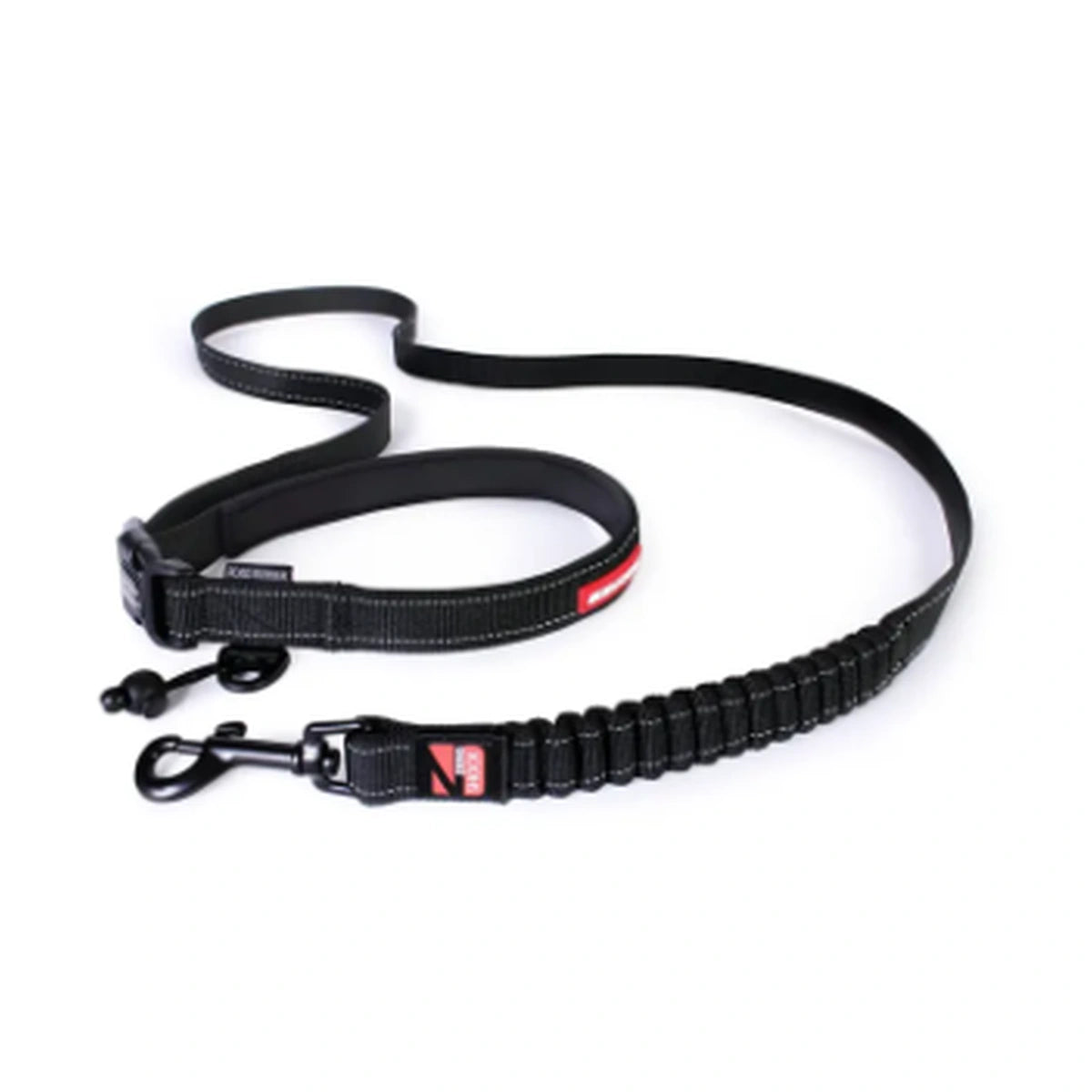 Black EzyDog Road Runner dog leash with adjustable handle, buckle and shock-absorbing section