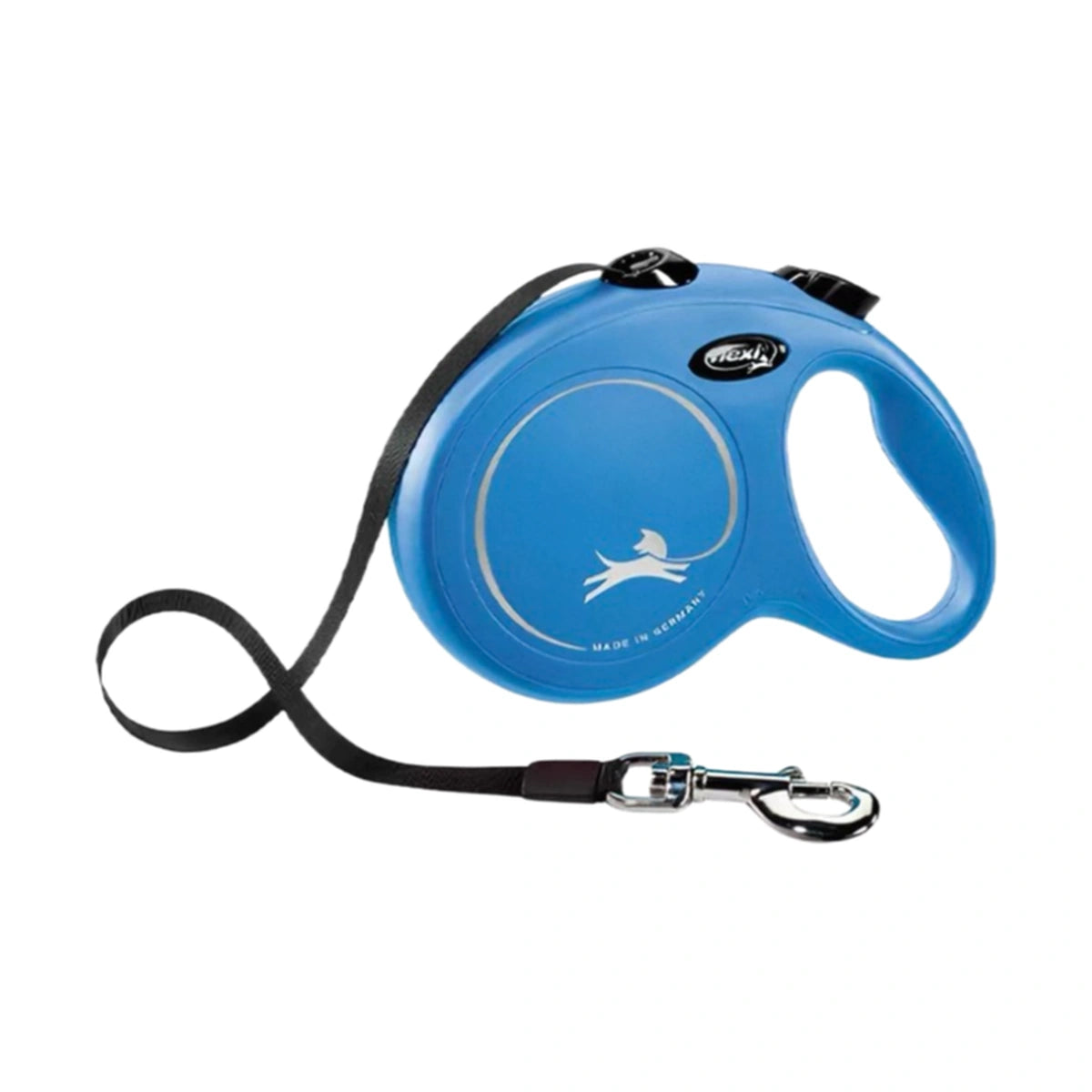 Blue Flexi Classic retractable dog lead with larger housing and black tape