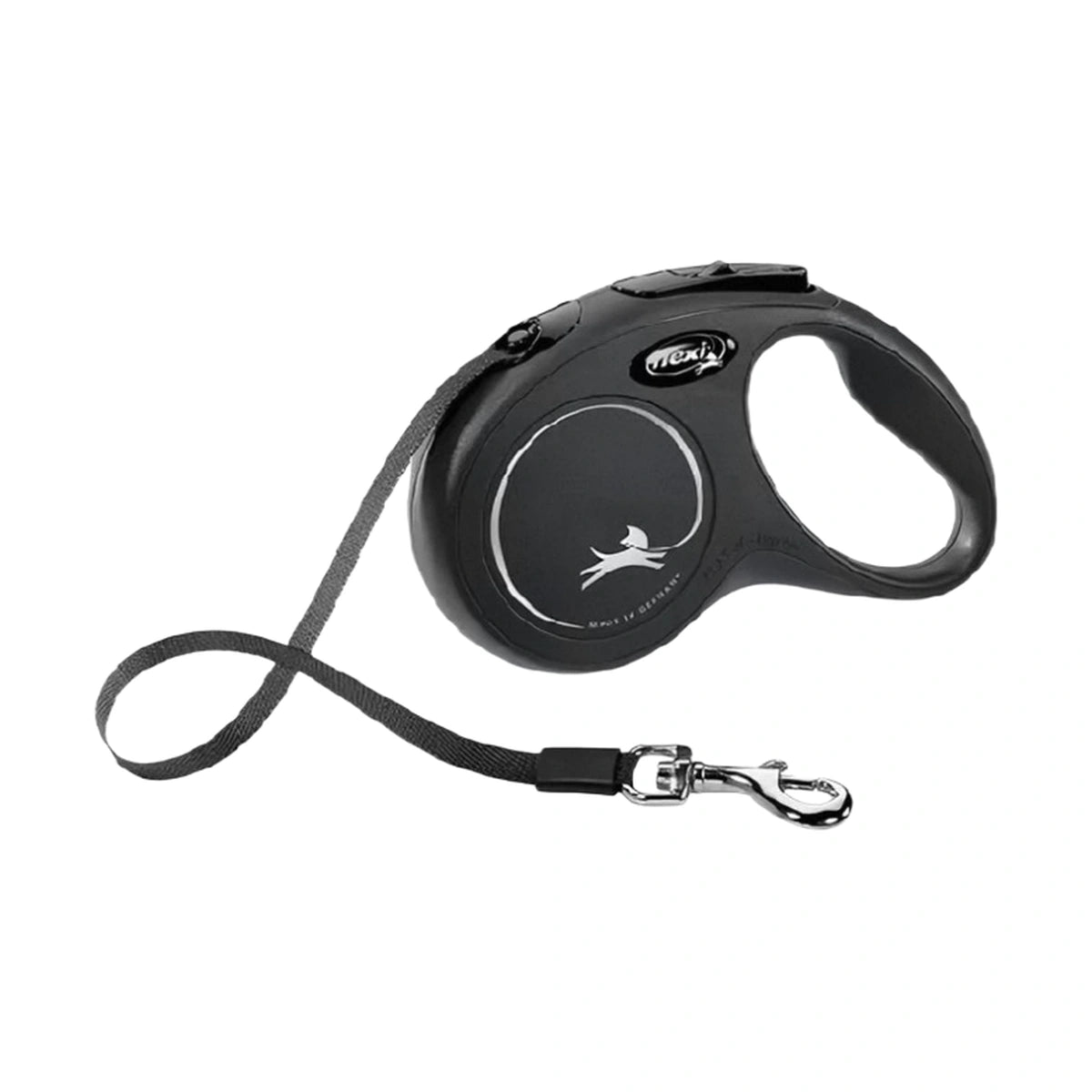 Black Flexi Classic retractable tape dog lead with compact housing and metal clip