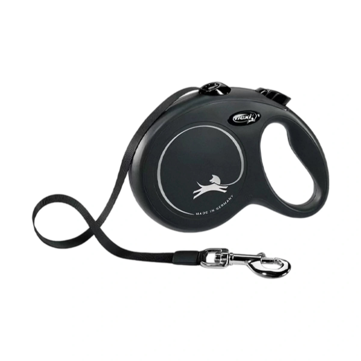 Black Flexi Classic retractable dog lead with larger housing and black tape