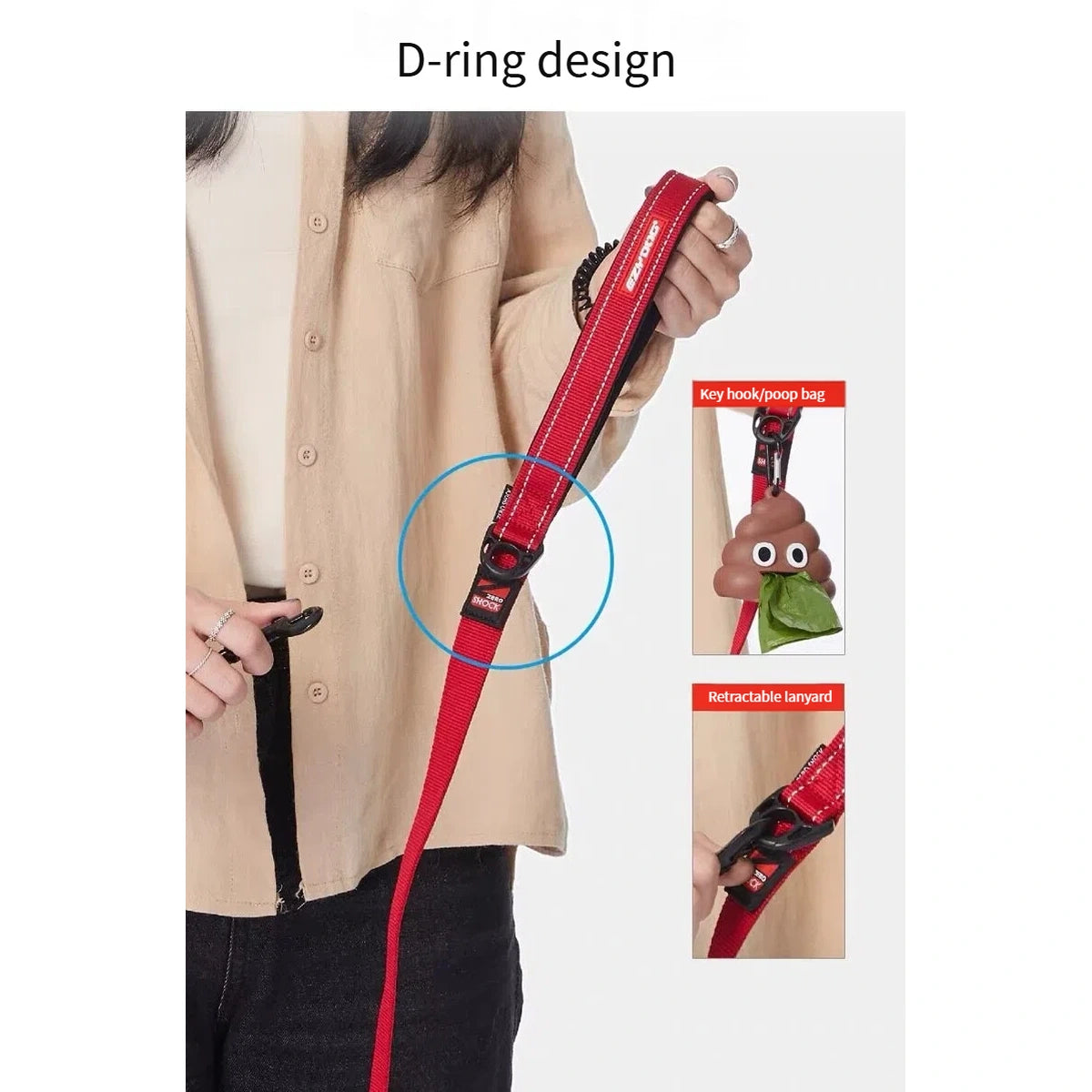 EzyDog leash accessory D-ring shown with a clip and waste-bag holder