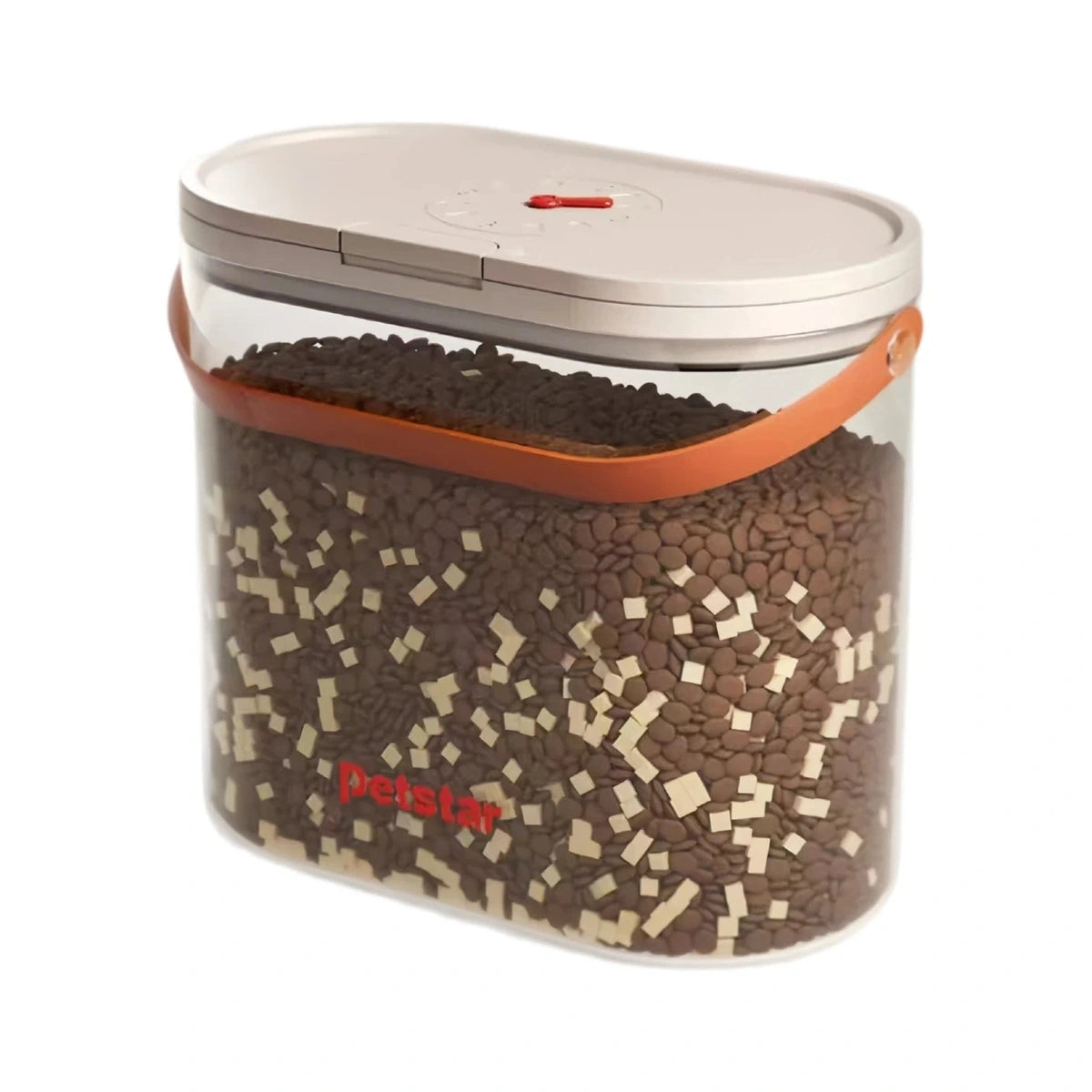 Petstar clear pet food container with beige lid and brown carry handle