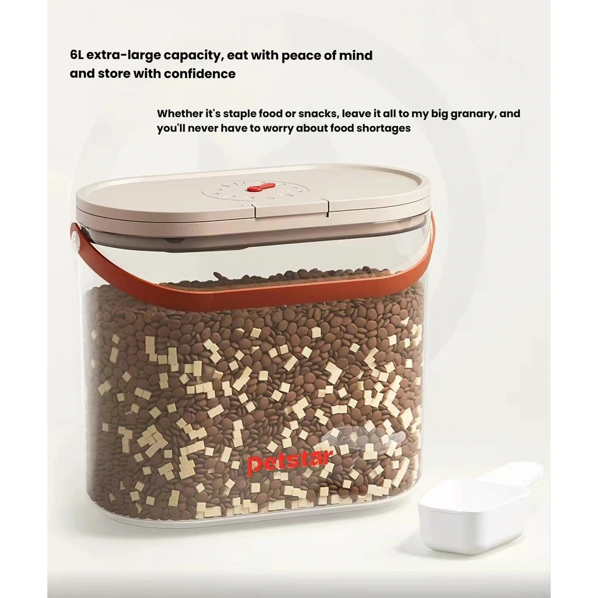 Petstar 6 L food container filled with kibble beside a white scoop