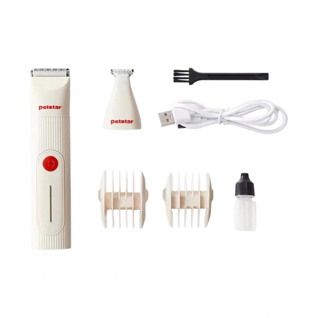 Beige Petstar cordless clipper kit with two trimming heads, combs, USB cable, brush and oil bottle
