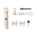 Beige Petstar cordless clipper kit with two trimming heads, combs, USB cable, brush and oil bottle