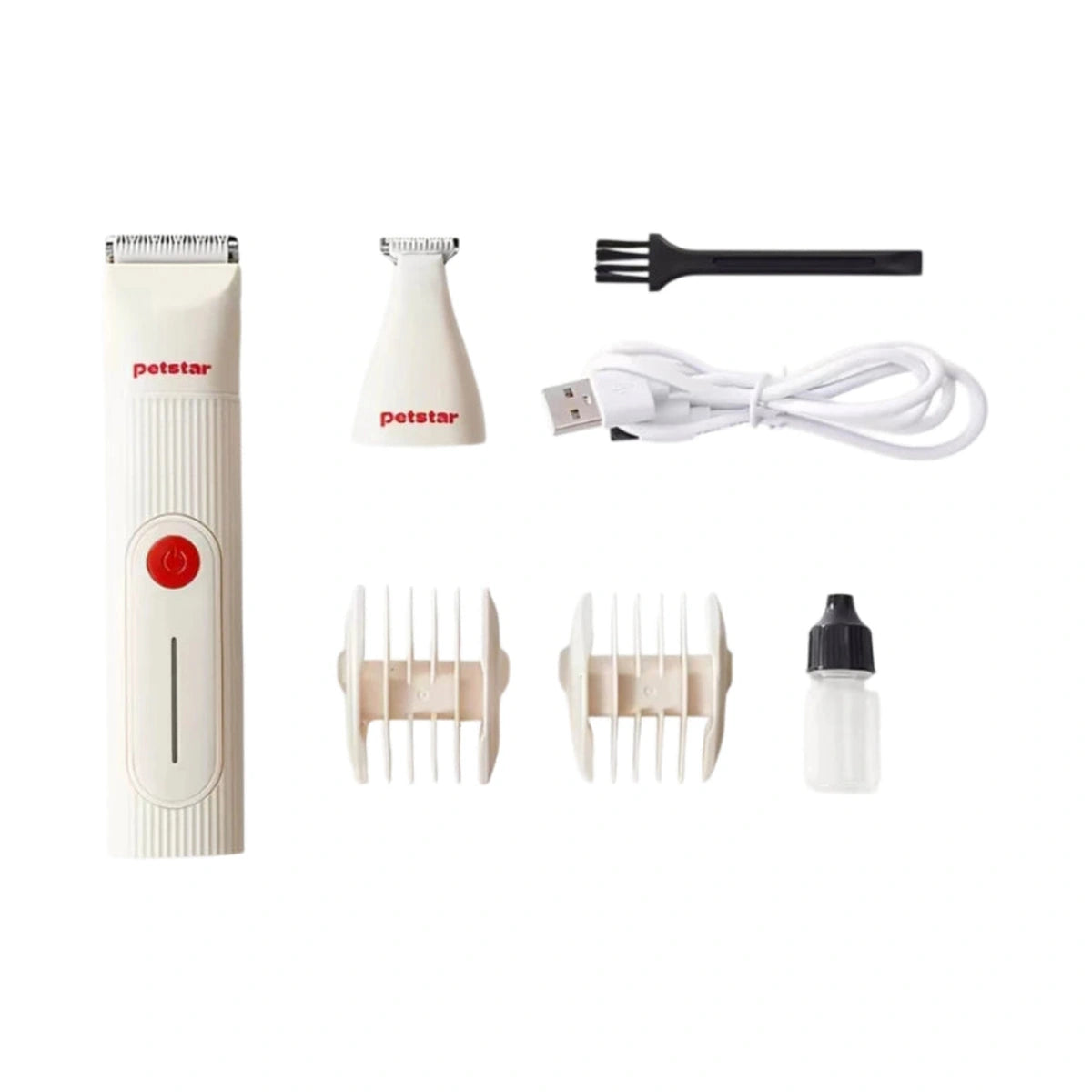 Beige Petstar cordless clipper kit with two trimming heads, combs, USB cable, brush and oil bottle