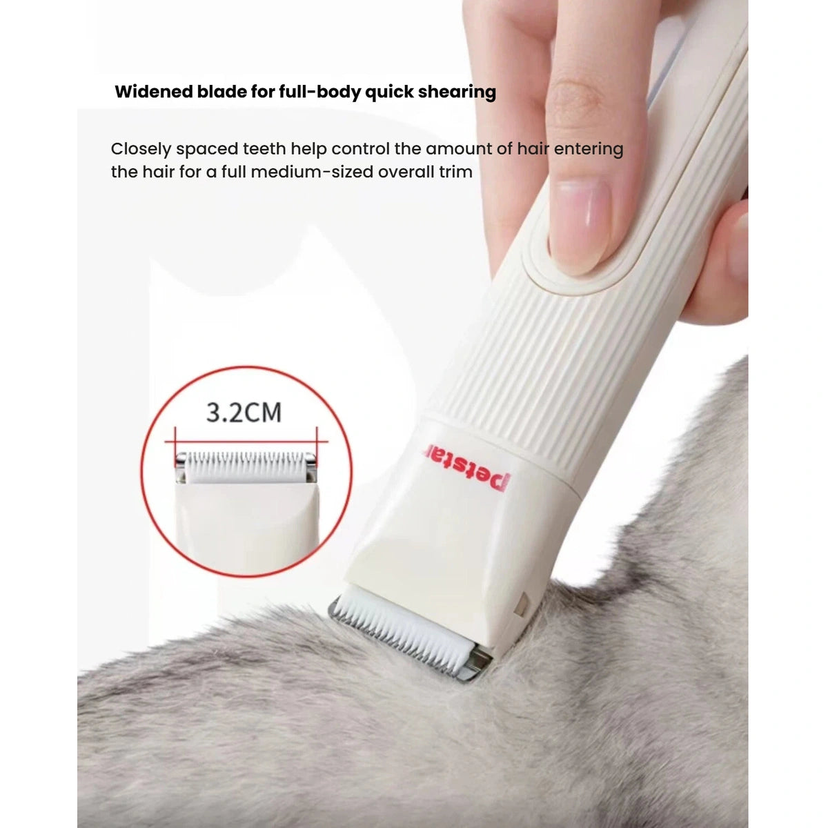 Petstar wide trimming head shown against a pet coat with a 3.2 cm width label