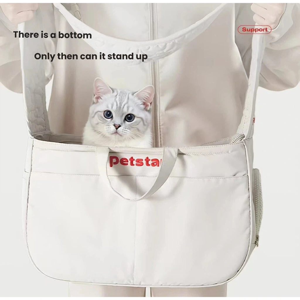 Cat sitting inside the Petstar tote, showing the supported carrier base