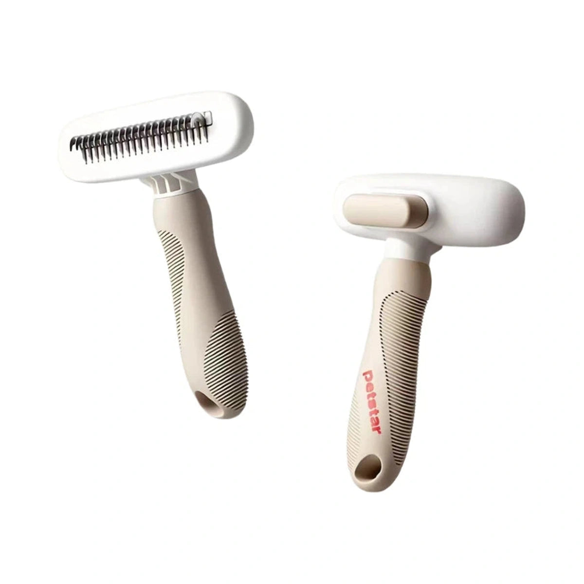 Petstar white and beige deshedding comb shown from the front and rear