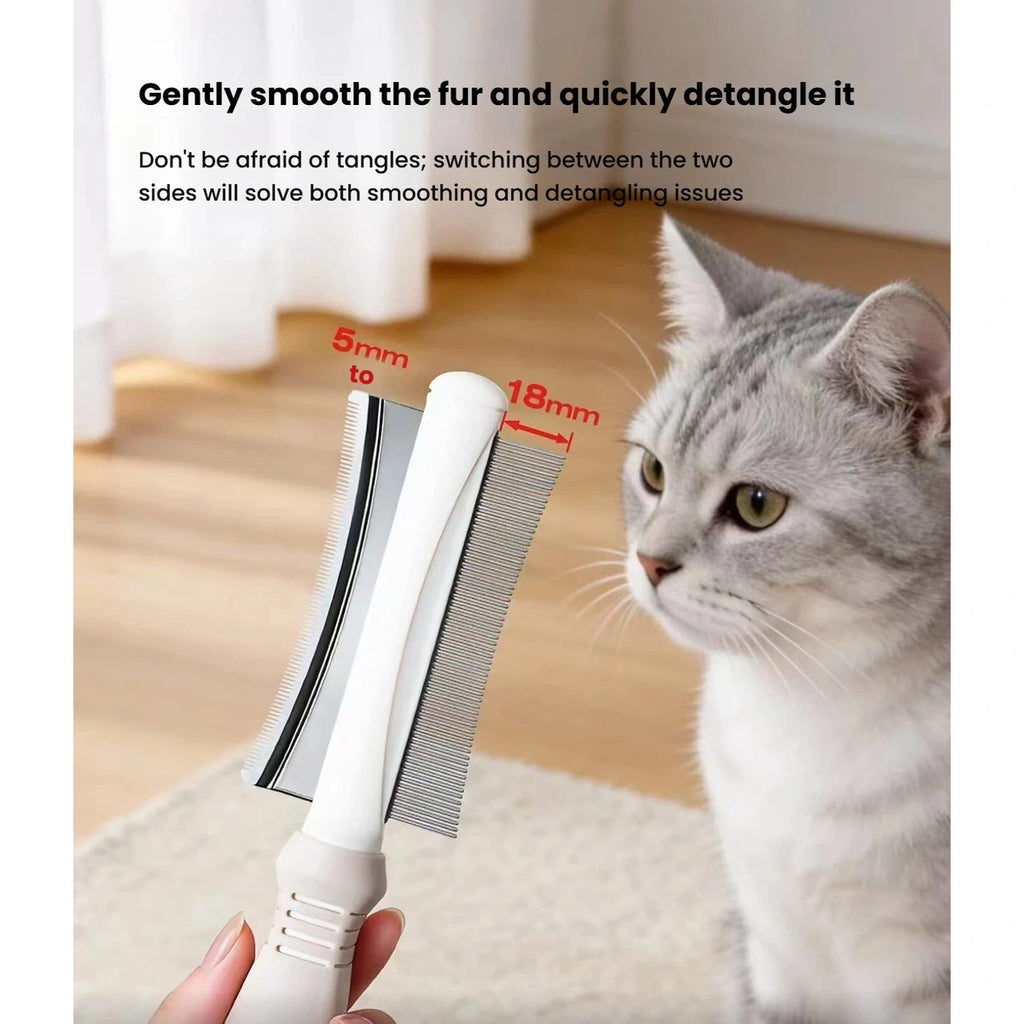 Petstar comb beside a cat with the two tooth lengths highlighted