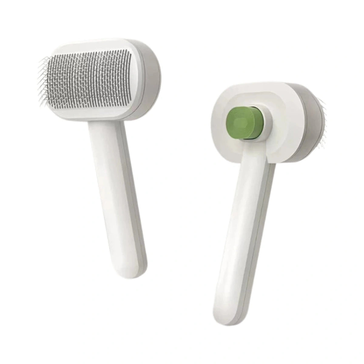 White Petstar air-cushion grooming brush showing fine pins and green rear button