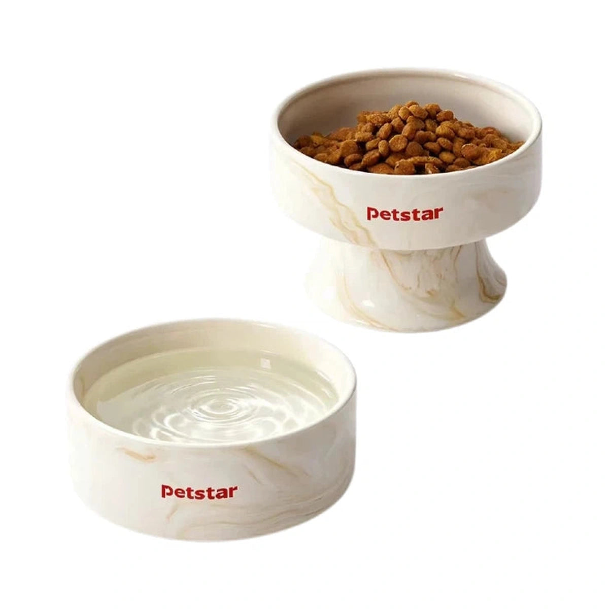 Petstar standard and elevated ceramic bowls in a cream marble-effect finish