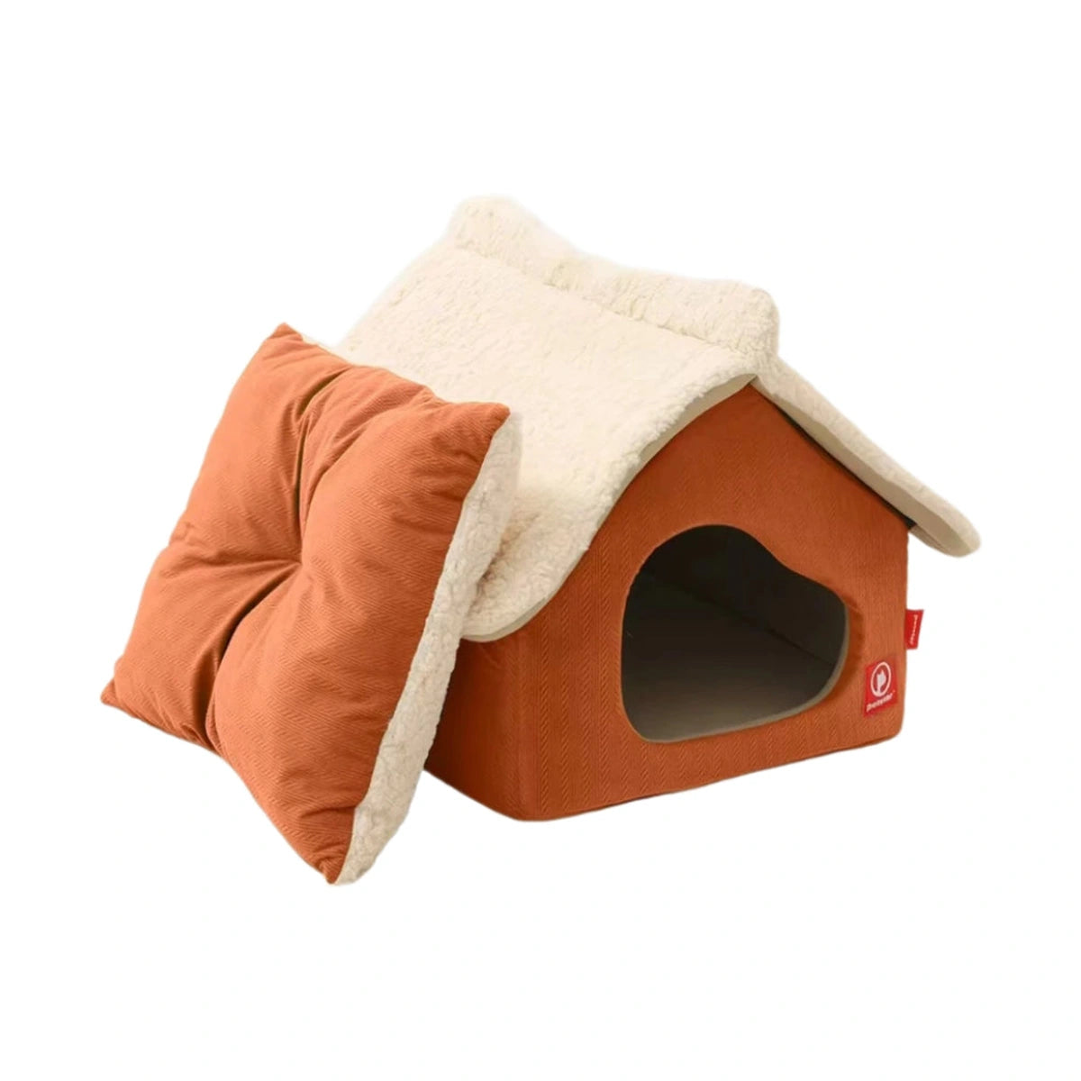 Petstar Snow House in the Brown option with a cream roof and matching cushion