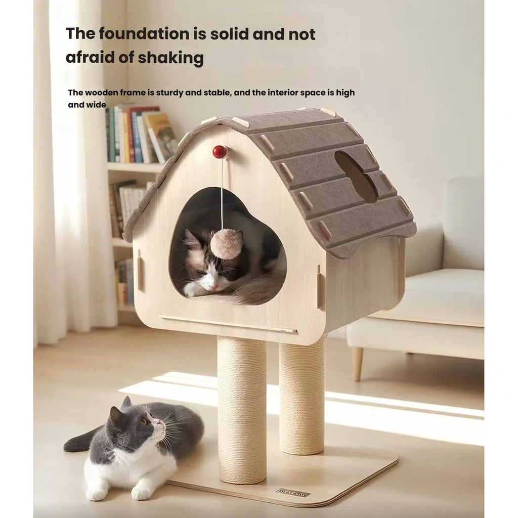 Two cats using the Petstar rooftop cat tree house and base area