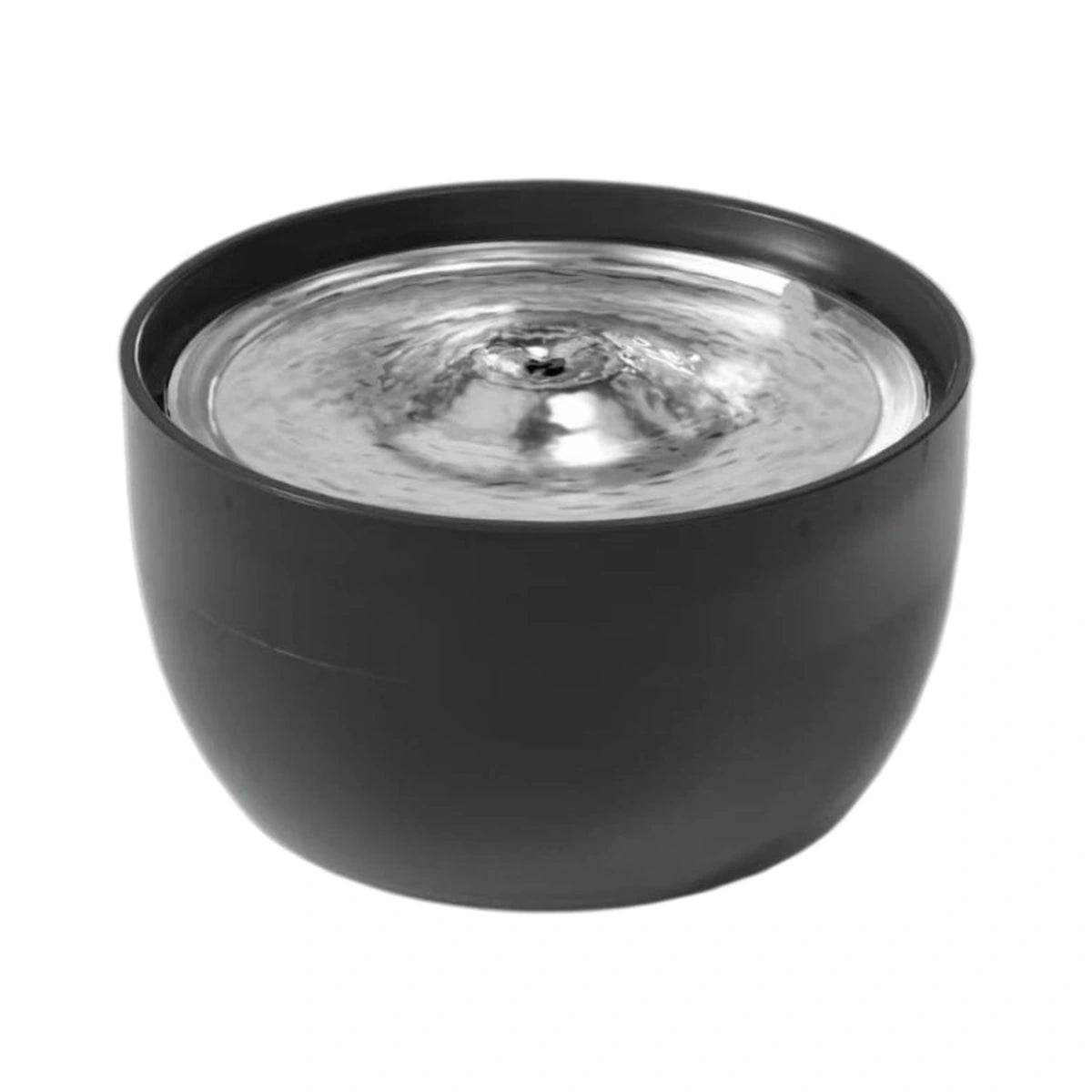 Black Petwant round cat water fountain with a stainless steel drinking top