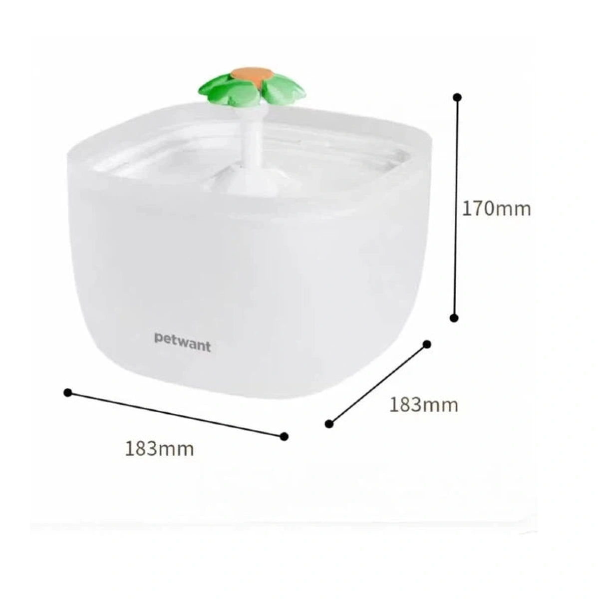Petwant flower fountain size diagram: 183 × 183 × 170 mm