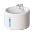 White Petwant pet water fountain with a clear central outlet and blue water-level window