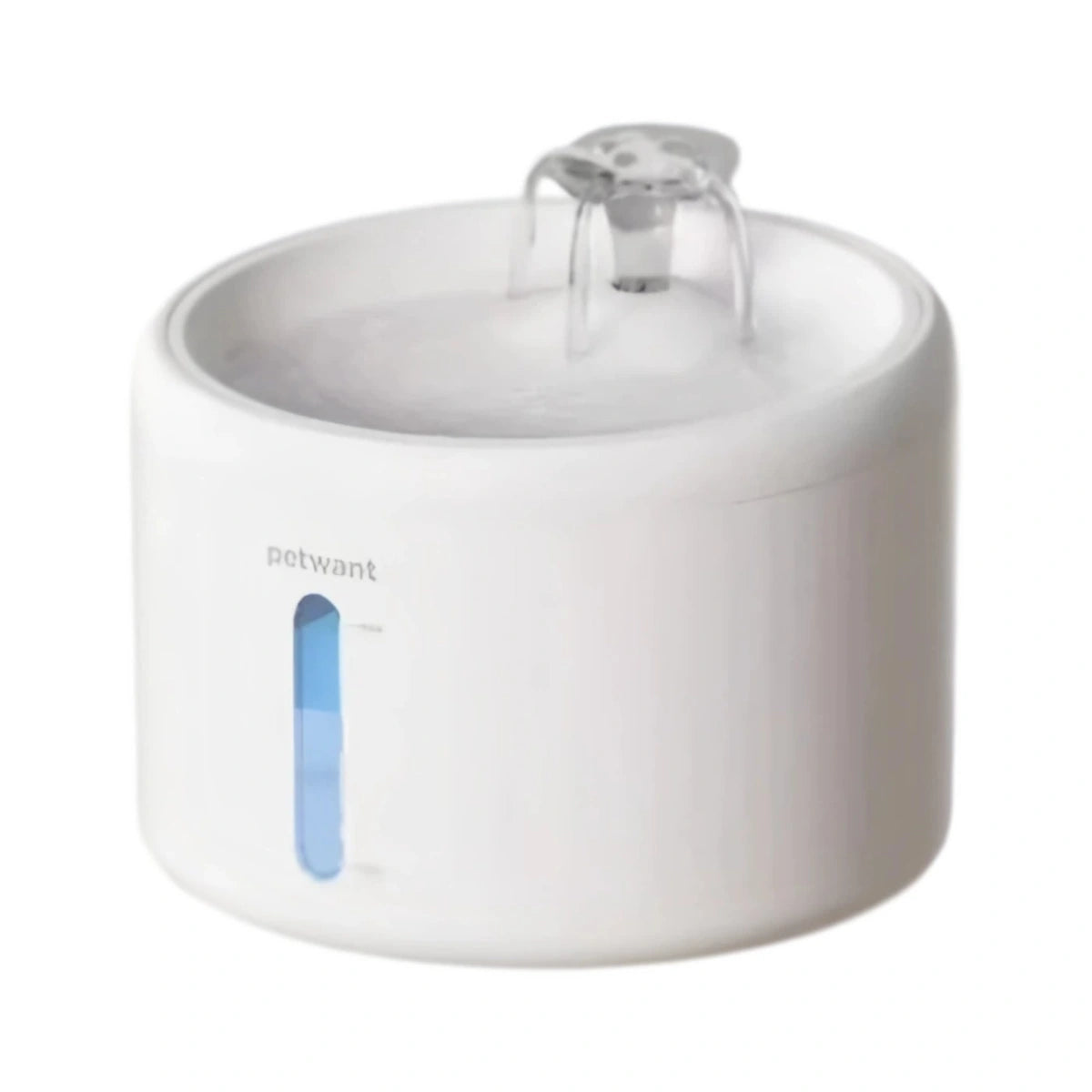 White Petwant pet water fountain with a clear central outlet and blue water-level window