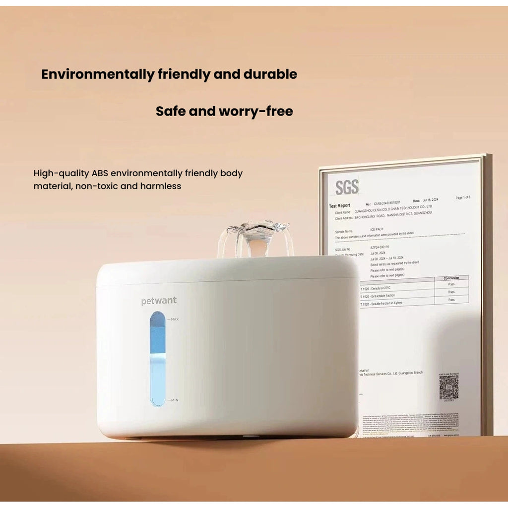Petwant white fountain pictured beside a product test document