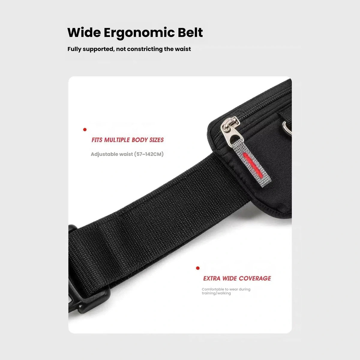 EzyDog SnakPak PRO adjustable waist strap and 57–142 cm fit diagram