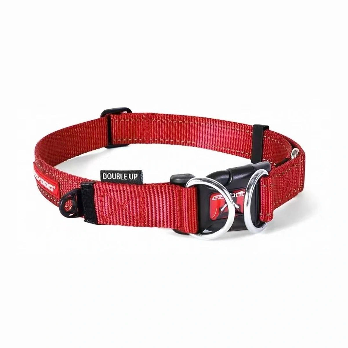 Red EzyDog Double Up collar with stainless steel D-rings