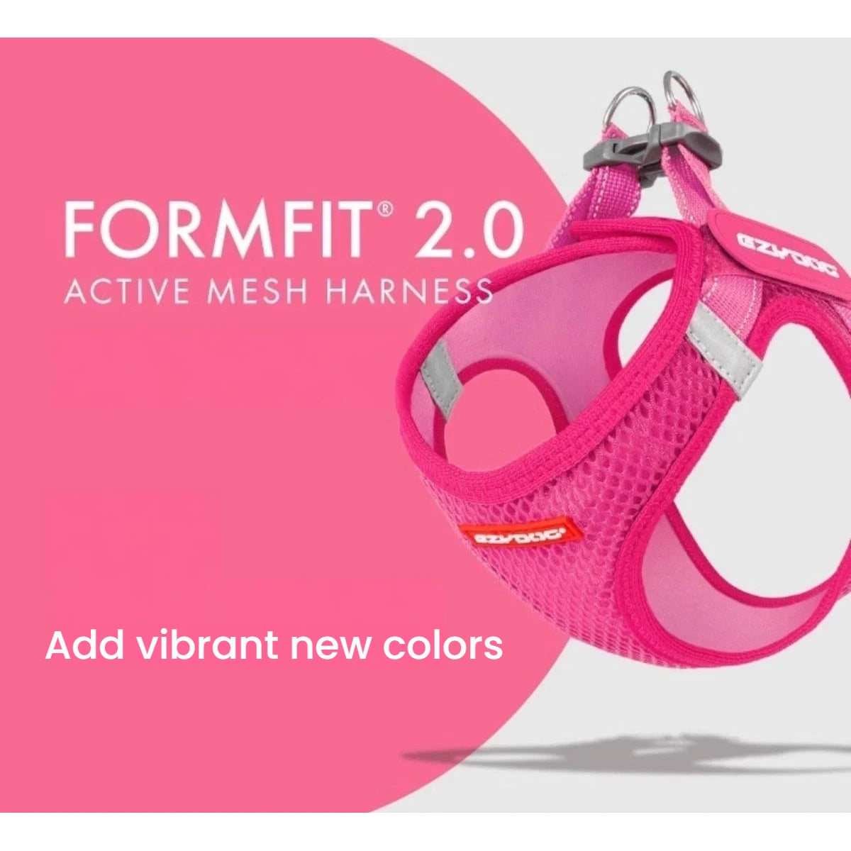 EzyDog Formfit 2.0 pink harness showing mesh, closure and reflective trim