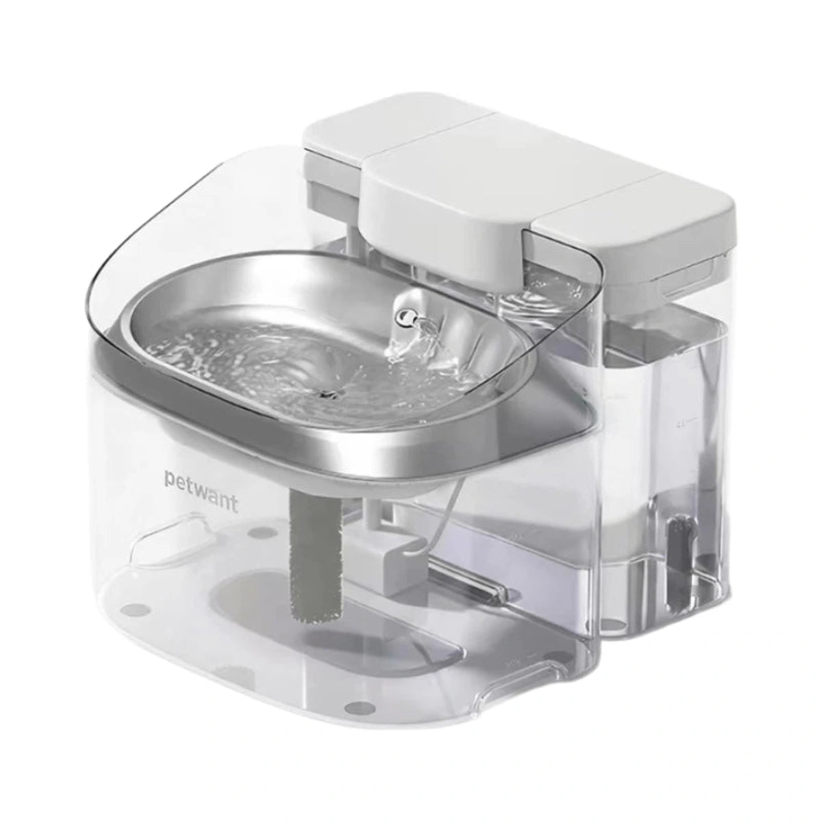 White Petwant W14 dog water fountain with clear dual tanks and metal drinking tray