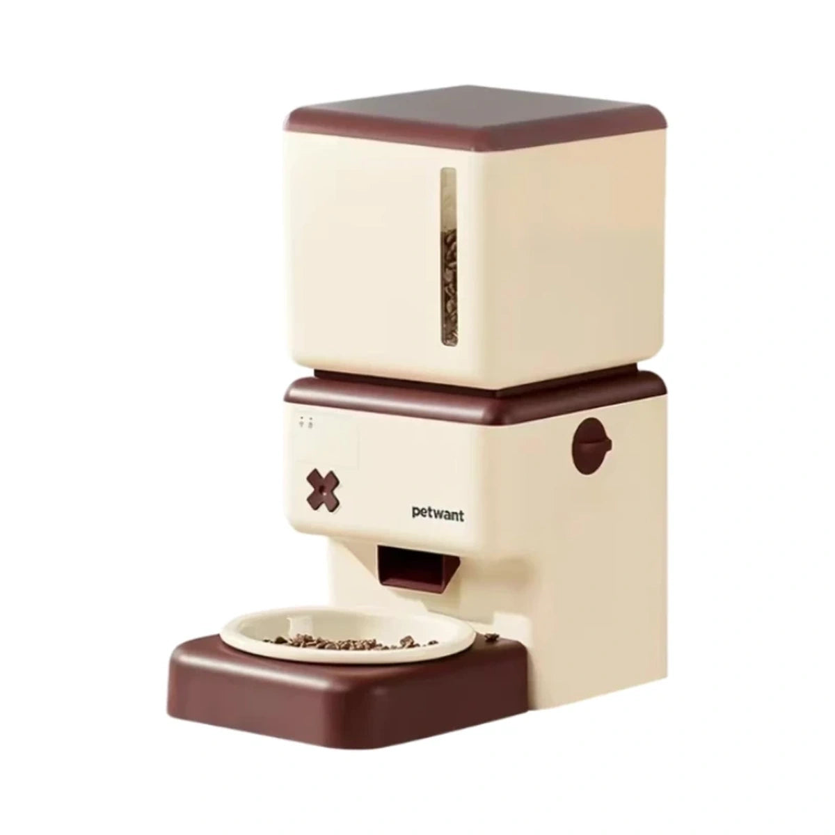 Beige Petwant automatic cat feeder with burgundy lid, base and feeding bowl